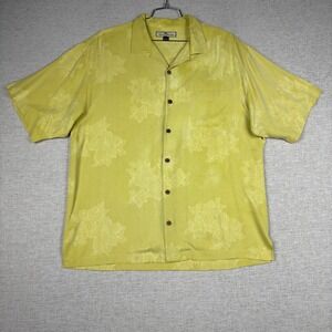 Tommy Bahama Mens Large Yellow 100% Silk Floral Jacquard Short Sleeve Camp Shirt
